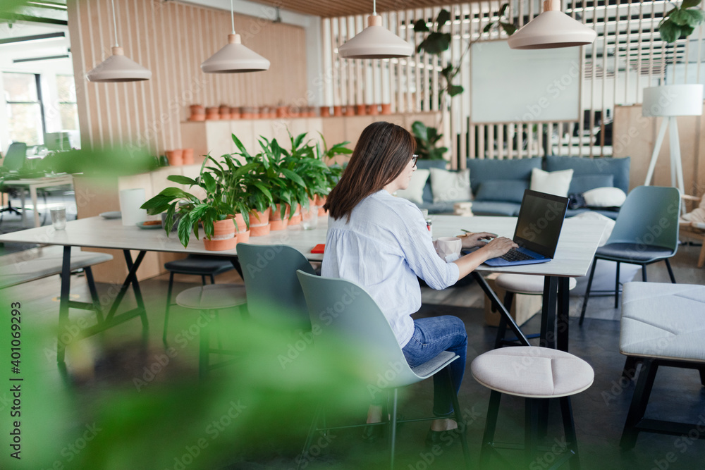 Businesswoman working at laptop in casual office lounge Businesswoman working at laptop in casual office lounge