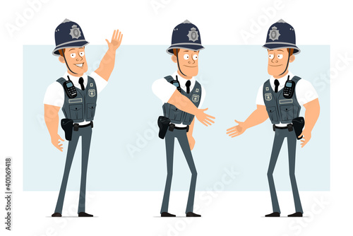 Cartoon flat funny strong policeman character in bulletproof vest with radio set. Boy shaking hands and showing welcome gesture. Ready for animation. Isolated on blue background. Vector set.