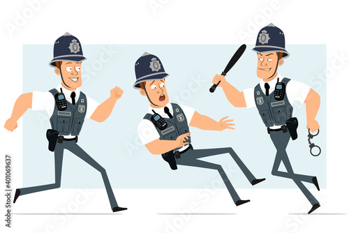 Cartoon flat funny strong policeman character in bulletproof vest with radio set. Boy running with handcuffs and police baton. Ready for animation. Isolated on blue background. Vector set.