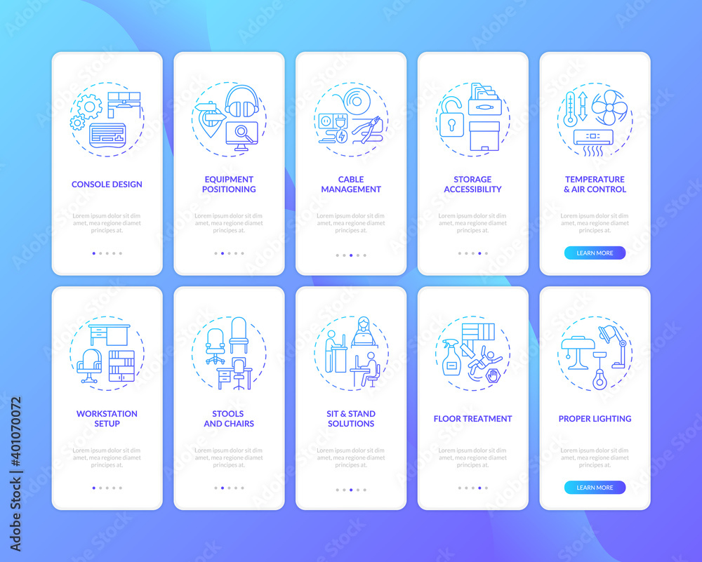 Naklejka premium Workplace safety onboarding mobile app page screen with concepts set