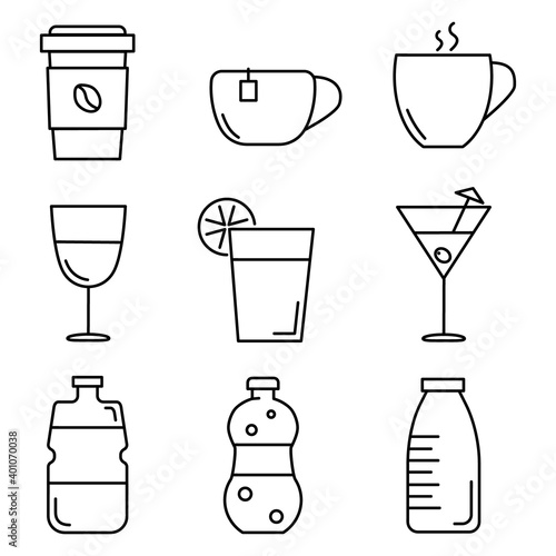 Drinks  Glasses and Cups. Set of Flat Icons. Black Stroke on White Background in Outline Design. Set for Cafe or Restaurant Menu. Vector EPS10