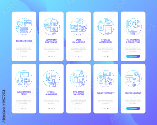 Workplace safety onboarding mobile app page screen with concepts set