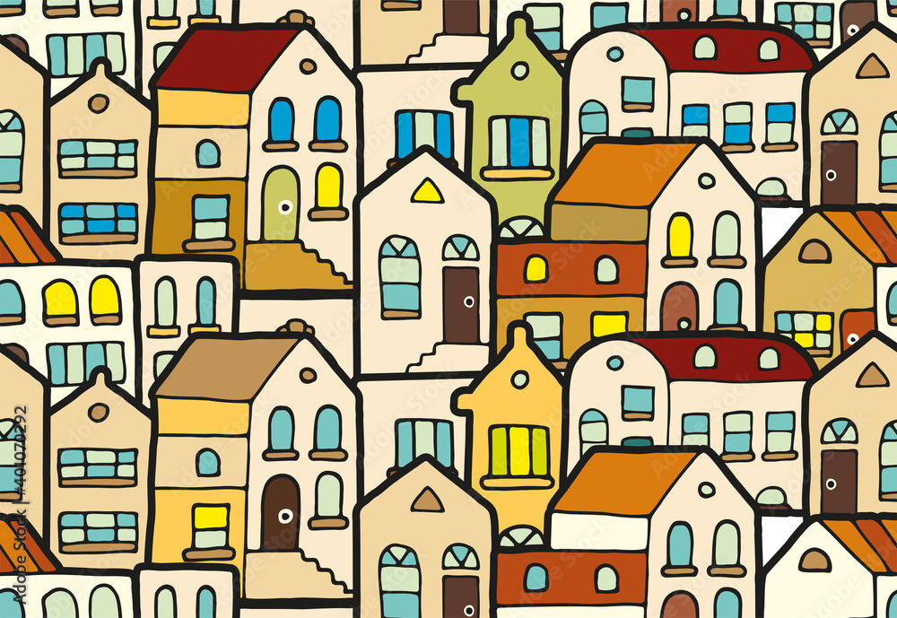 Pattern cute houses in colored doodle style for poster, postcard or illustration