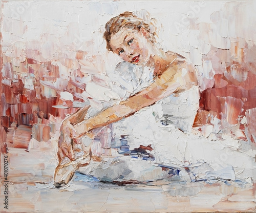 Fototapeta Naklejka Na Ścianę i Meble -  Little pretty ballerina, painted expressively. Palette knife technique of oil painting and brush.
