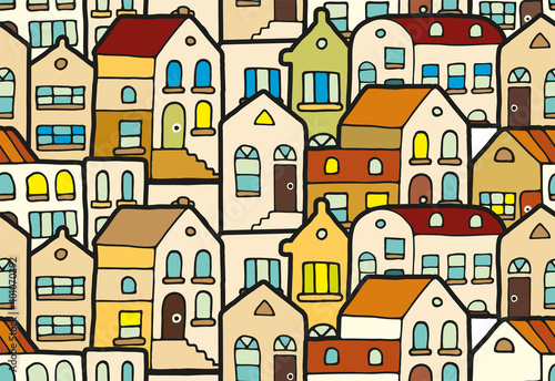 Pattern cute houses in colored doodle style for poster  postcard or illustration