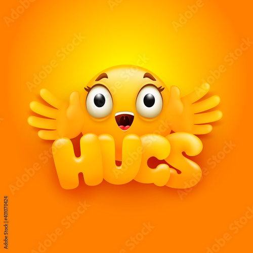 Hugs card. Yellow emoji character in cartoon 3d style.