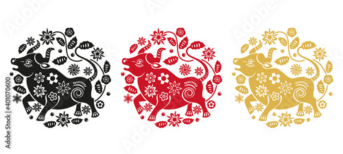 set of 3 illustrations in black, red and gold. bull as a symbol of the new Chinese year 2021.