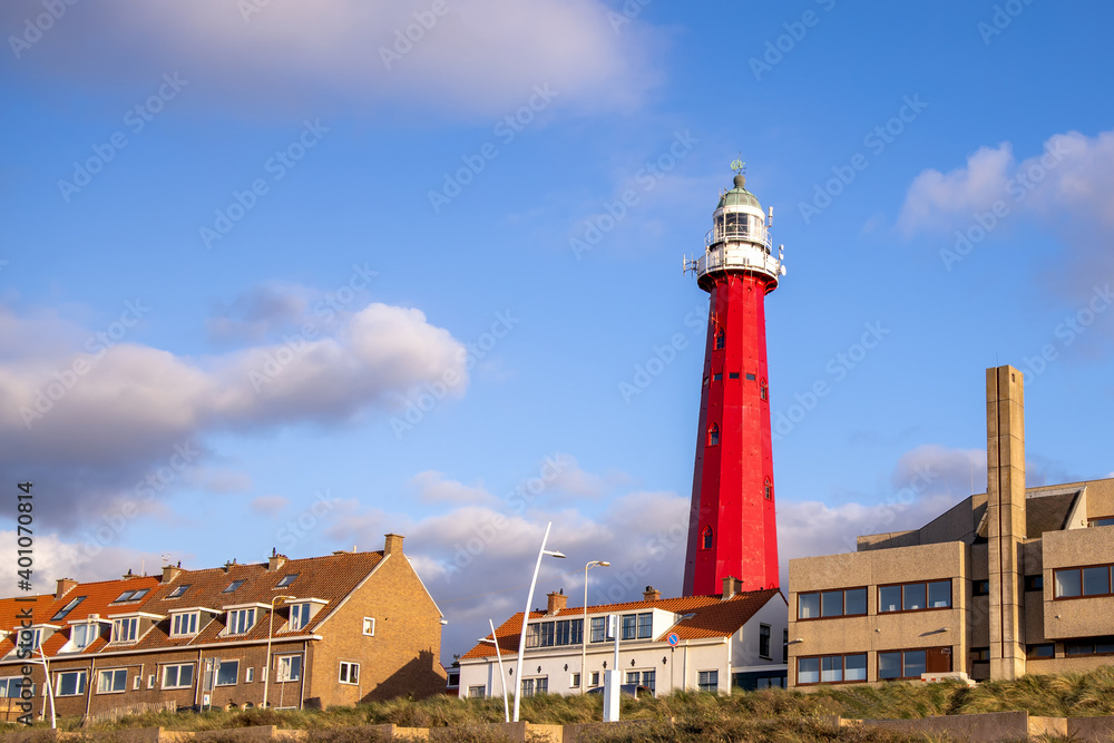 The Red Lighthouse of Scheveningen Promenade Beach The Hague Netherlands.