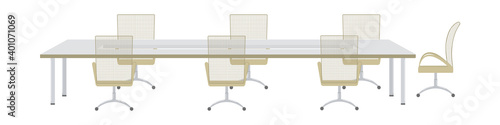 Meeting room in Bank or insurance company. Furniture for office in modern style. Long table and rolling mesh back managers chair for business meeting. Furnishings for negotiations.Vector