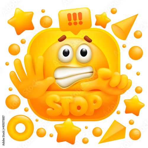 Stop web sticker. Yellow emoji character in cartoon style. Social media icon