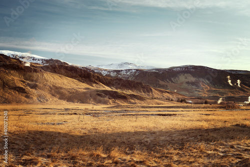 Icelandic scenery with snowy mountain and grass