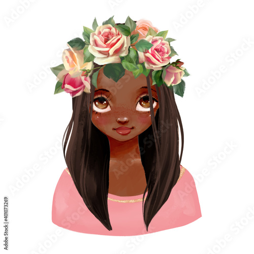 Beautiful black gitrl in flowers crown, cute cartoon illustration photo