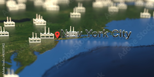 Factory icons near New York City on the map, industrial production related 3D rendering
