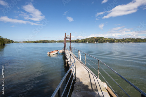 Fotótapéta Panama pier for mooring boats on Boca Brava island in a sunny day with blue sky