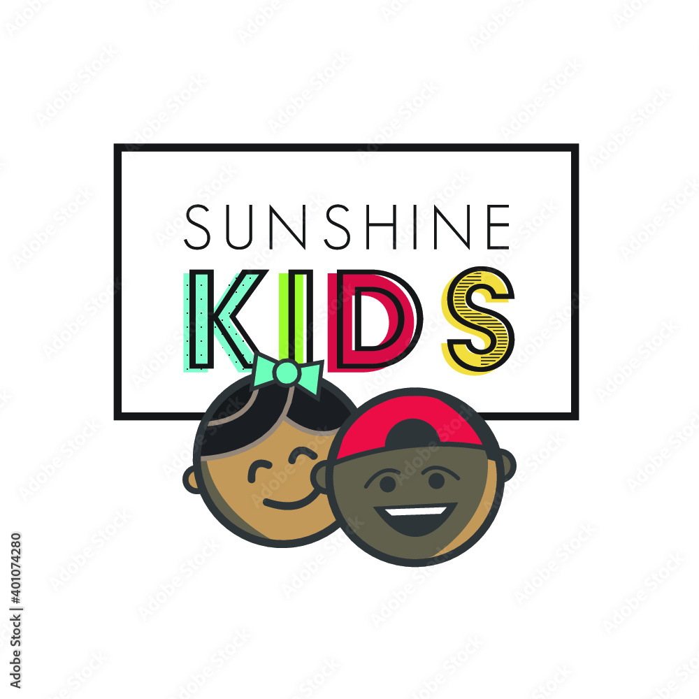 Happy Children Sunshine Kids Logo Daycare Church School Comic Invitation Fun Cartoon with Boy and Girl Happy Children Sunshine Kids Logo Daycare Church School Comic Invitation Fun Cartoon with Boy and Girl