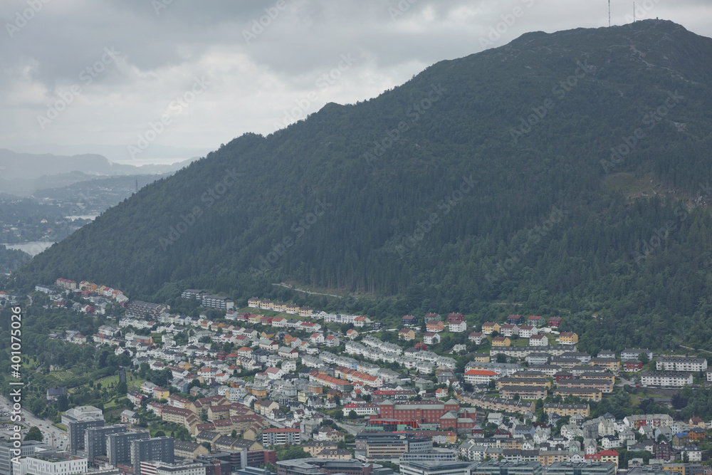 View of Bergen city from Mount Floyen, Floyen is one of the city mountains in Bergen, Hordaland, Norway, and one of the city’s most popular tourist attractions