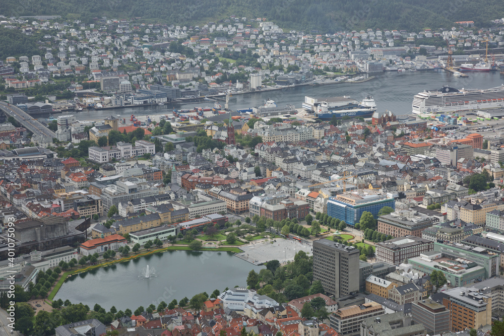 Fototapeta premium View of Bergen city from Mount Floyen, Floyen is one of the city mountains in Bergen, Hordaland, Norway, and one of the city’s most popular tourist attractions