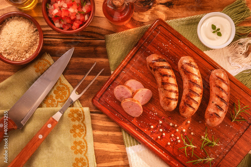 Brazilian pork sausage BBQ - Churrasco de linguiça de suina top view