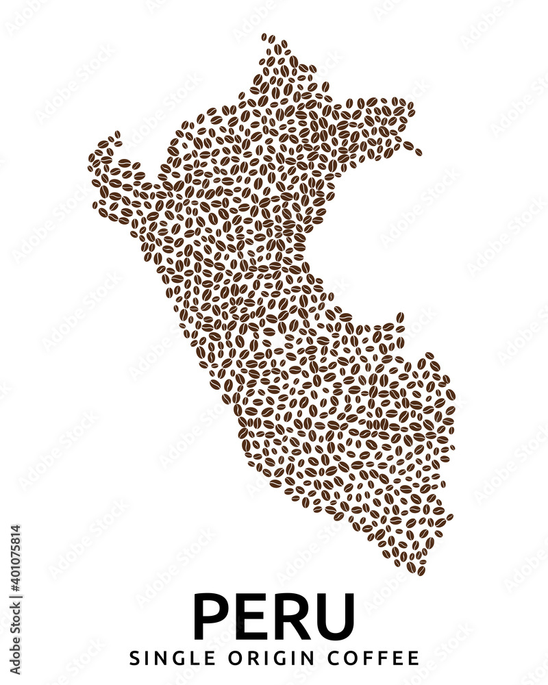 Fototapeta premium Shape of Peru map made of scattered coffee beans, country name below