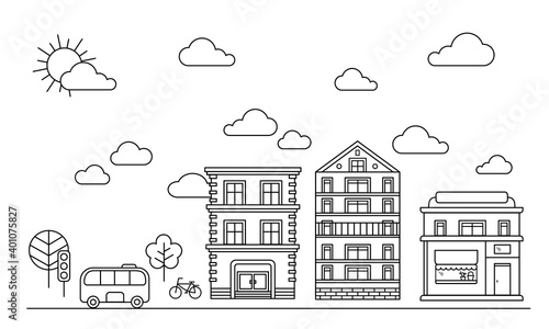 Monochrome cityscape with city street or district. Residential buildings, bus, trees and a shop, drawn by contour lines on a white background. Vector illustration in a linear style. Lineart EPS 10