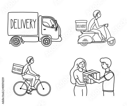 Fast delivery man Courier delivers ordered riding motorcycle, bike and truck icon symbol, flat outline design for poster, advertising and websites, isolated on white background, vector illustration