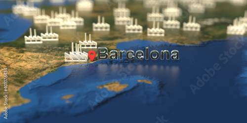 Factory icons near Barcelona city on the map, industrial production related 3D rendering