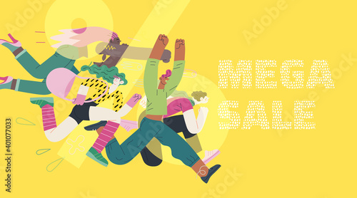 Discounts, sale, promotion - modern flat vector concept illustration of people crowd running in the pursuit of the discounts, with a big percent sign on the background. Mega sale
