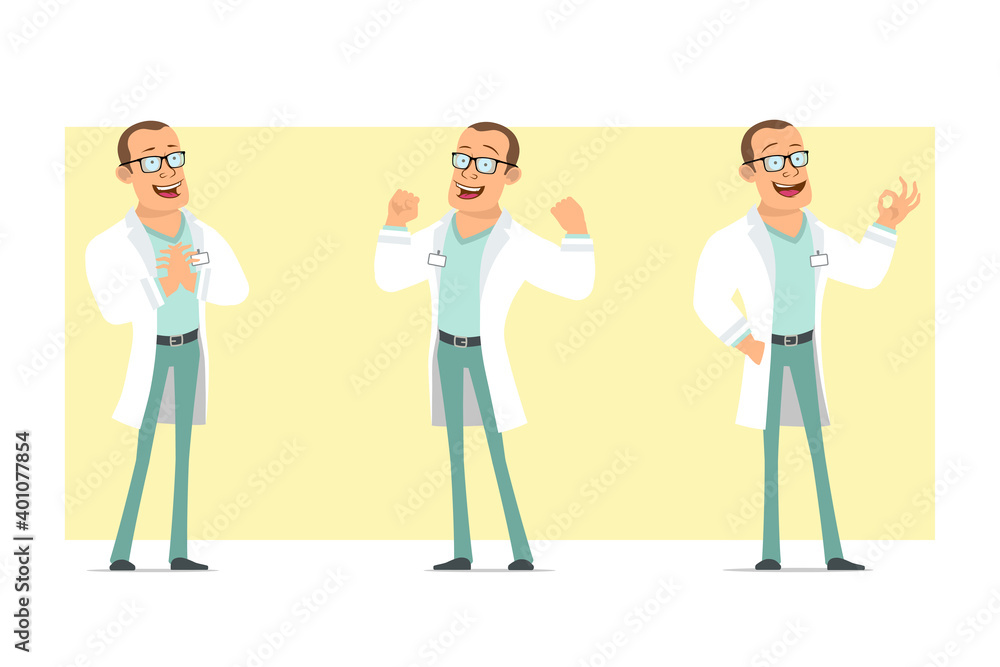 Cartoon flat funny strong doctor man character in white uniform and glasses. Boy showing muscles and okay gesture. Ready for animation. Isolated on yellow background. Vector set. Cartoon flat funny strong doctor man character in white uniform and glasses. Boy showing muscles and okay gesture. Ready for animation. Isolated on yellow background. Vector set.