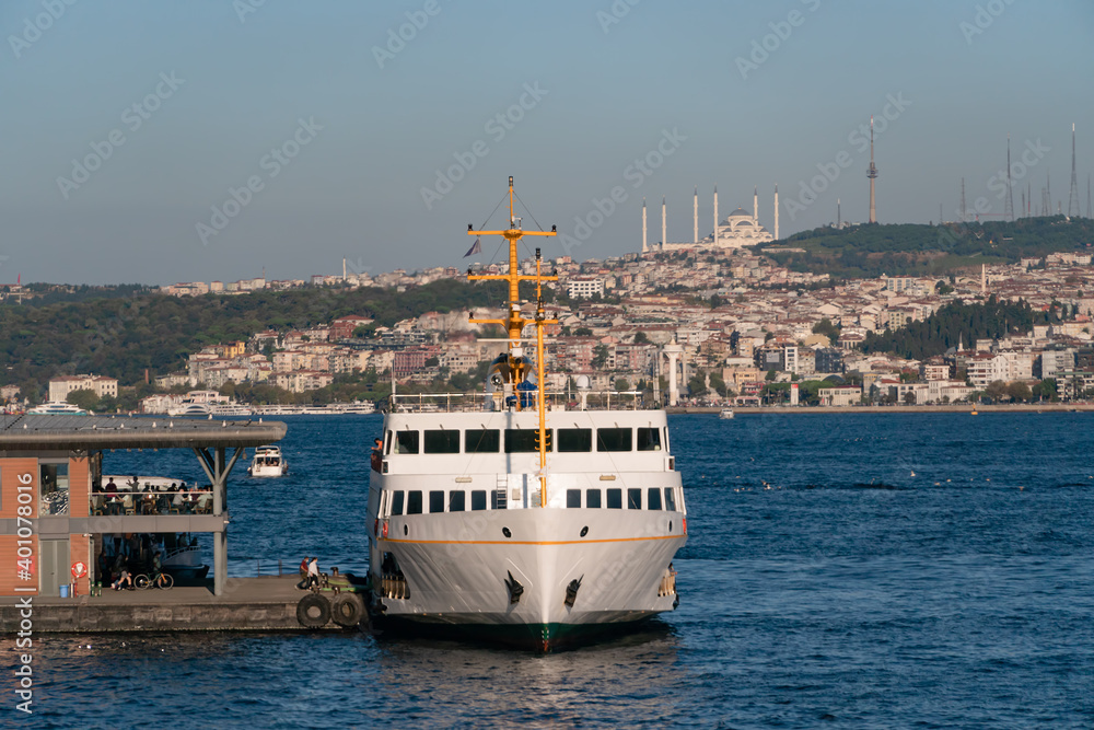 The passenger ferry ship is on the Bosphorus in Istanbul, Turkey