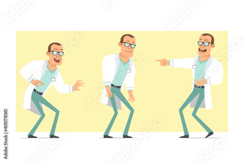 Cartoon flat funny strong doctor man character in white uniform and glasses. Boy sad, tired, laughing and scared. Ready for animation. Isolated on yellow background. Vector set.