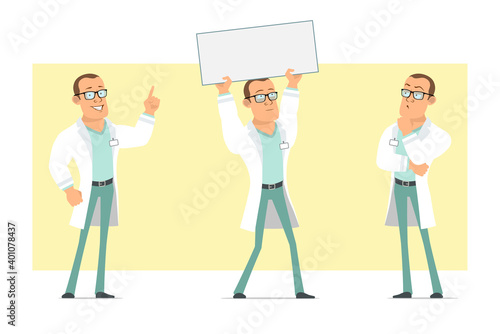 Cartoon flat funny strong doctor man character in white uniform and glasses. Boy thinking and holding blank paper sign for text. Ready for animation. Isolated on yellow background. Vector set.