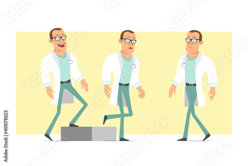 Cartoon flat funny strong doctor man character in white uniform and glasses. Successful tired boy walking up to his goal. Ready for animation. Isolated on yellow background. Vector set.