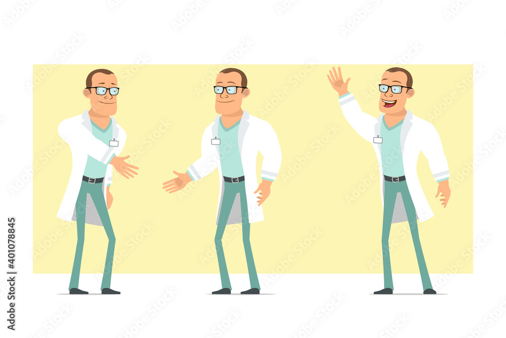 Cartoon flat funny strong doctor man character in white uniform and glasses. Boy shaking hands and showing welcome gesture. Ready for animation. Isolated on yellow background. Vector set.