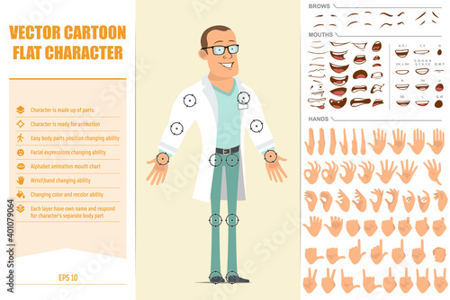 Cartoon flat strong doctor man character in white uniform and glasses. Ready for animations. Face expressions, eyes, brows, mouth and hands easy to edit. Isolated on yellow background. Vector set.