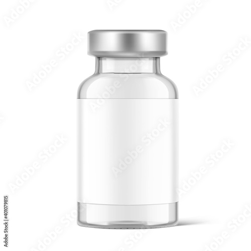 Transparent glass ampule for vaccine injections mockup. Vector illustration isolated on white background. Can be use for medicine, cosmetic and other. Ready for your design. EPS10.	 photo