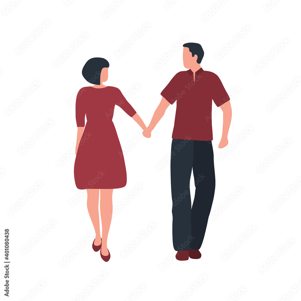 Valentine's day illustration. A young couple is walking holding hands. Romantic greeting card. Vector hand drawn illustration