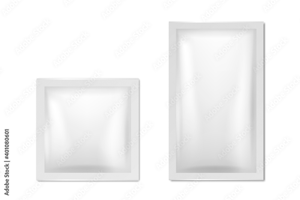 Vector 3d Realistic White Blank Packaging Icon Set Closeup Isolated. Coffee, Tea, Salt, Sugar, Spices, Wet Wipes Wrapper, Sachet. Design Template of Packing for Mockup. Top View Vector 3d Realistic White Blank Packaging Icon Set Closeup Isolated. Coffee, Tea, Salt, Sugar, Spices, Wet Wipes Wrapper, Sachet. Design Template of Packing for Mockup. Top View