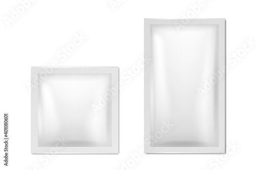 Vector 3d Realistic White Blank Packaging Icon Set Closeup Isolated. Coffee, Tea, Salt, Sugar, Spices, Wet Wipes Wrapper, Sachet. Design Template of Packing for Mockup. Top View