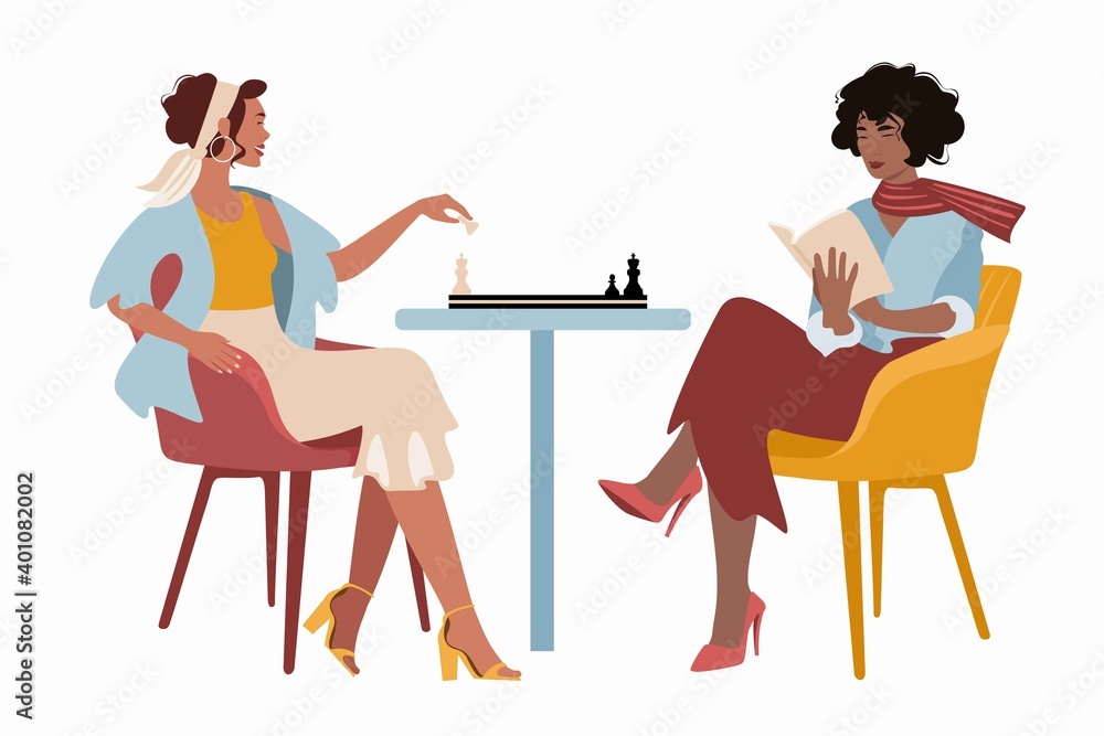 Two beautiful smiling women playing chess. Female chess players. Trendy vector cartoon flat illustration. 