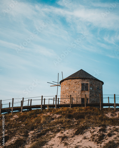 Amazing blue sky, Mill (Moinho) at the beach in Apúlia, Braga, Portugal