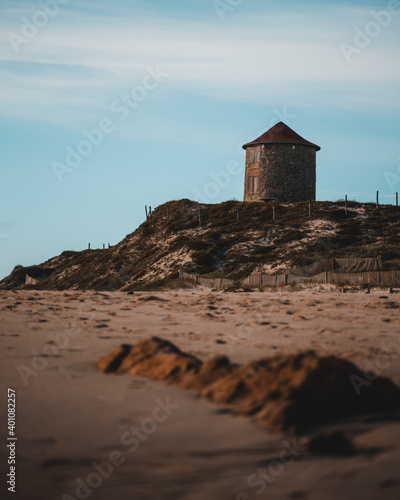 Amazing blue sky, Mill (Moinho) at the beach in Apúlia, Braga, Portugal