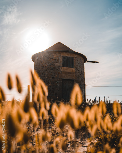 Amazing blue sky, Mill (Moinho) at the beach in Apúlia, Braga, Portugal