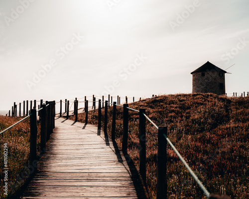 Amazing blue sky,, Mill (Moinho) at the beach in Apúlia, Braga, Portugal