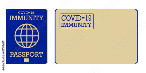 Immunity passport front and open page with stamp COVID19 Immunity. Travelling during coronavirus. Health certificate document for 2019-ncov. Travel, tourism, new normal, health concept. Vector