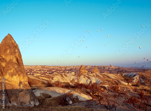 Hot air balloon in Cappadocia on the sunrise.