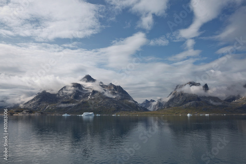 Glaciers and coastline landscape of the Prince Christian Sund Passage in Greenland