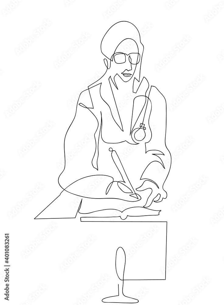 One continuous line drawing of woman-doctor at work.
One line drawing of physician filling up medical form. One continuous line drawing of woman-doctor at work.
One line drawing of physician filling up medical form.