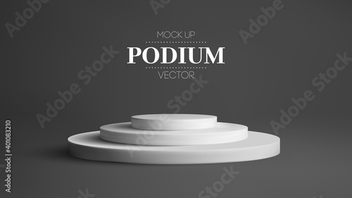Round white podium in black interrior. Award winner Platform studio. 3d Vector stage.