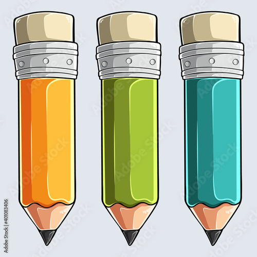 Crayons - Three colored pencil set, Yellow, Green and Bleu, back to school time, 100th days of school