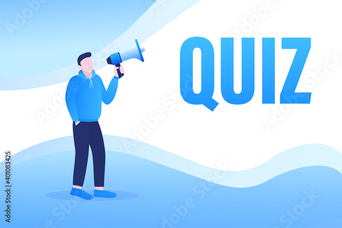 Template with blue quiz man holding megaphone on white background for flyer design. Vector illustration in flat style.